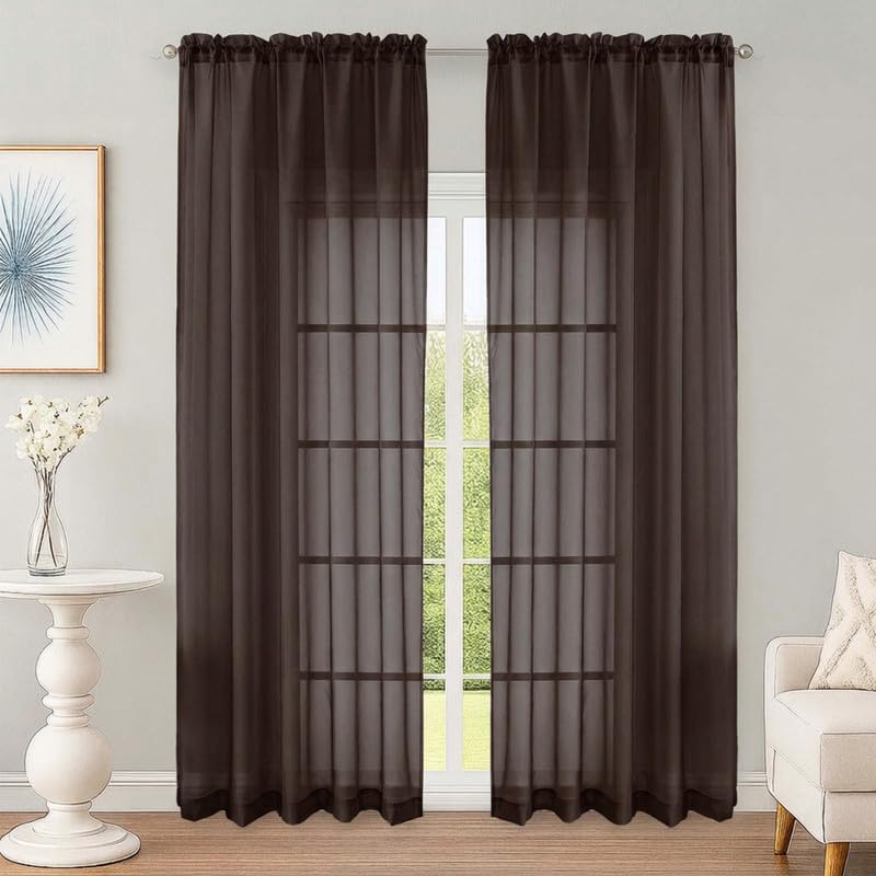 OWENIE Chocolate Sheer Curtains 90 Inches 2 Panels for Living Room 59" Wide
