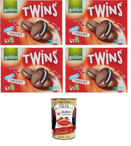 Gullon Biscotti Twins - Juego de 4 galletas de cacao rellenas de crema y cubiertas de chocolate con leche (4 unidades de 252 gr+ polpa italiana gourmet italiana, 400 g)