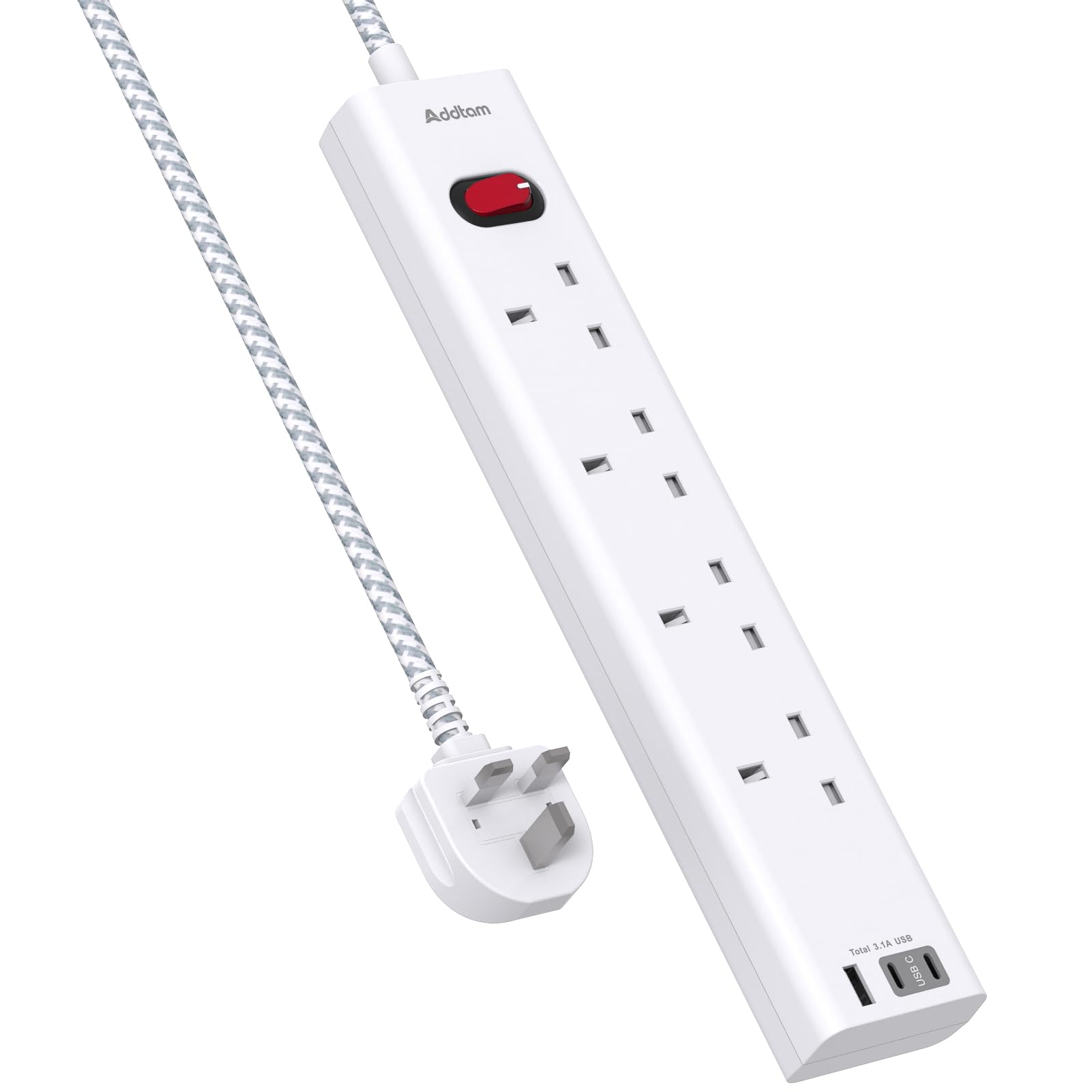 Extension Lead with 3 USB Slots(2 USB C), 4 Way Plug Extension Socket, 1.8M Wall Mount Socket Extension Cable, Multiplug Power Strip for Home, Office, School Supplies