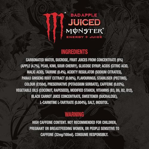 Image of Monster Juiced Energy Drink - Bad Apple Flavor, 500ml Cans (Pack of 12) By COUGAR - Energy + Juice Blend, Bold Apple Taste, High Caffeine & B-Vitamins (IMPORTED-USA)