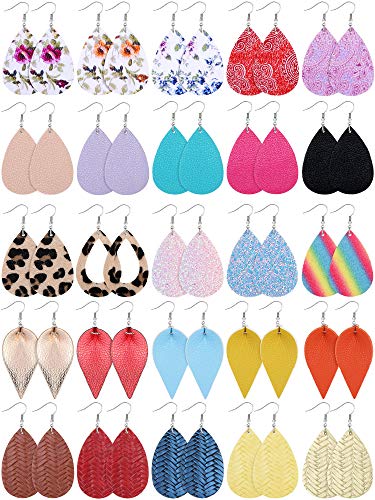 25 Pairs Faux Leather Earring Colorful Teardrop Petal Dangle Earring Lightweight Drop Earrings