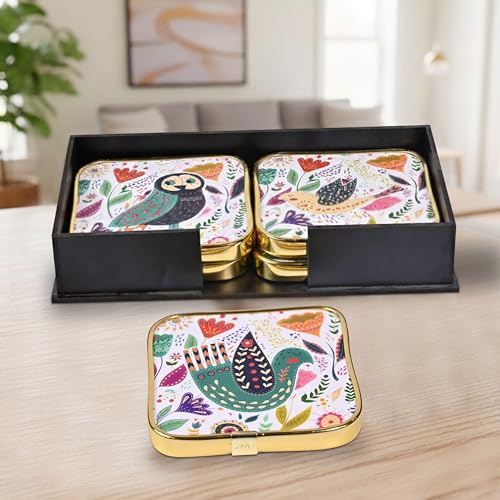 Image of Rousrie Stylist Modern Wooden Coasters with Golden Border | Set of 6 | Stand Included Premium Handmade Coaster for Tea Cups, Coffee Mugs, Beer Mugs, 10 by 10 cm (Pichwai Pattern)