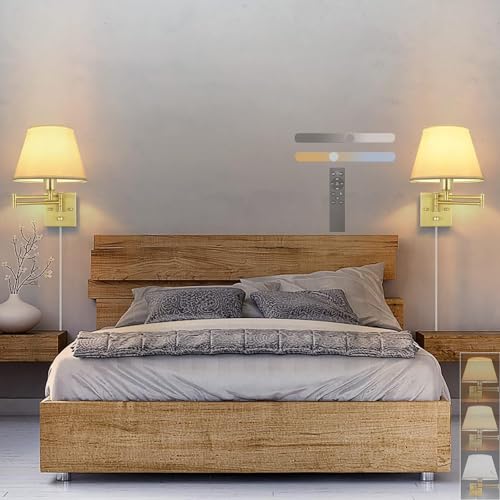 Aplique de Pared con Enchufe para mesita de Noche, Luces Regulables con Control Remoto, lámpara Industrial, Brazo oscilante e Interruptor Giratorio, Cable Ajustable 270°, E27, para Dormitorio INT