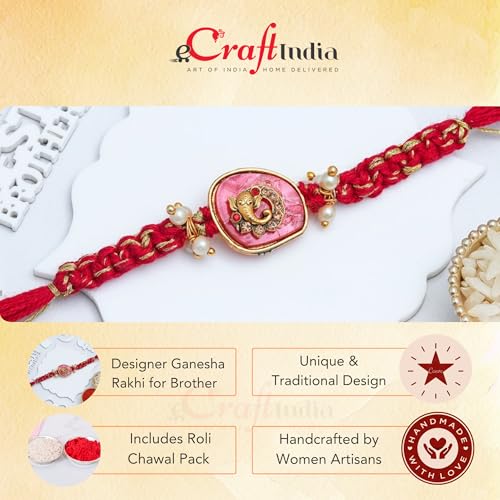 Image of eCraftIndia Red Ganesha Rakhi for Brother Bhaiya Bhai with Best Bro Ever Fridge Magnet | Roli Chawal Pack