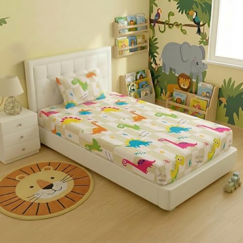 Image of Filymore Kids Dinosaur Bedsheet Single Bed | Cartoon Dino Print | 240 TC Microfiber | 90x60 inches | 1 Bedsheet + 1 Pillow Cover | Green & White