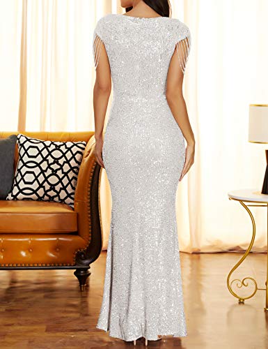 Image of Women 1920s Plus Size Formal Dress Tassels Sleeve Sequins Gatsby Maxi Evening Gown