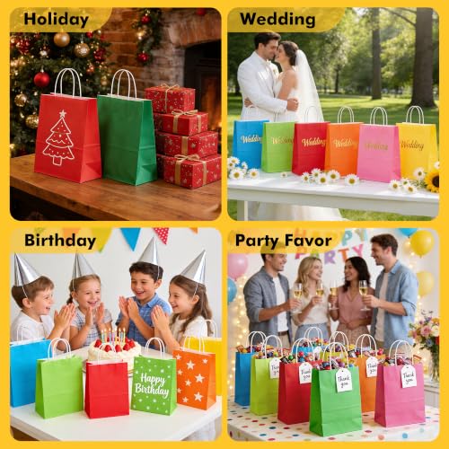 Image of RACETOP Kraft Paper Gift Bags Medium 24 Pack 8x4.5x10.8 in 8 Colors | Kraft Paper with Handles, for Birthday, Baby Shower, Wedding, Crafts, Parties, Gift Wrapping, Holiday, Eco-Friendly