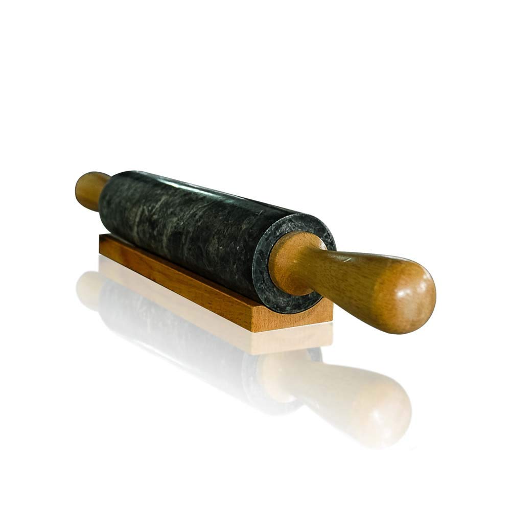 Mattarello in Marmo Verde con Base in Legno Green Italian Marble Rolling Pin 45cm
