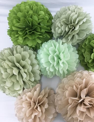 Image of Tissue Paper Pom Poms Kit Paper Flowers 12pieces for Gender Baby Shower Wedding Bridal Bachelorette Birthday Party Decorations (Sage Olive Green)