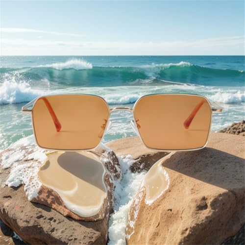 ADE WU Trendy Hexagon Rectangle Sunglasses for Women Cute Chic Gold Metal Rectangular Sun Glasses with Tinted Lense3
