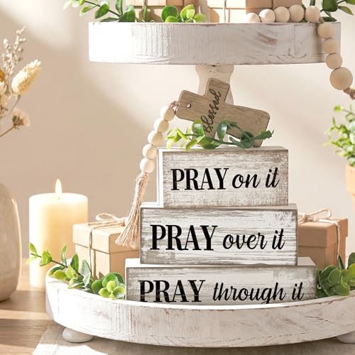 Image of Moucuny 4 Pcs Christian Table Decor Wooden Cross Wooden Bible Verse Sign Inspirational Religious Christian Centerpiece Pray Block Signs Farmhouse Table Decoration for Mother's Day