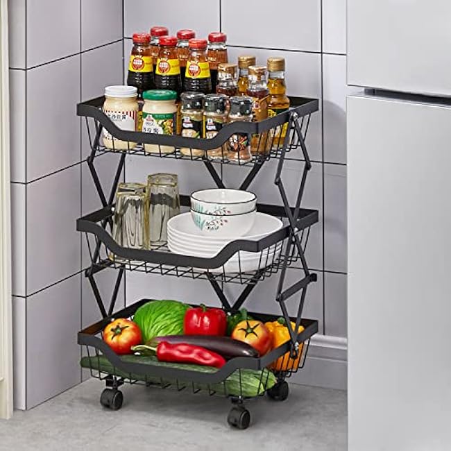 Metal Kitchen Storage Carts Foldable Fruit Vegetable Baskets Cart Standing Shelf Rack on Wheels for Kitchen,Home,Office,Living Room,Pantry,Snack Storage(3 Tiers)-mCqfdp3J