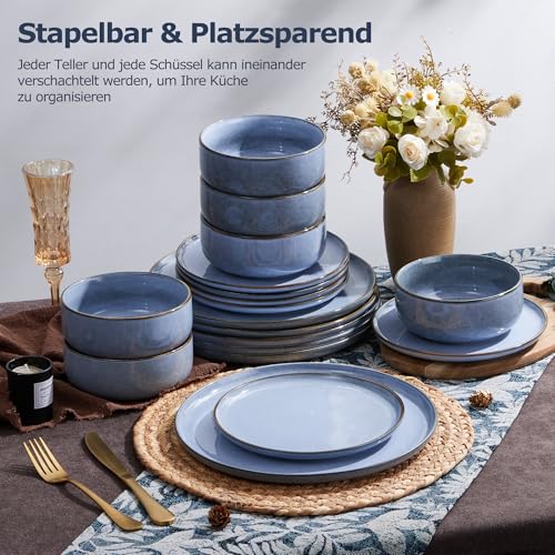 Geschirr Set für 6 Personen, Onader 18 Teiliges Steinzeug Tafelservice Kombiservice, je 6 Speiseteller, Dessertteller, Müslischalen, Spülmaschinenfest & Stabil - Gelassenheit Blau