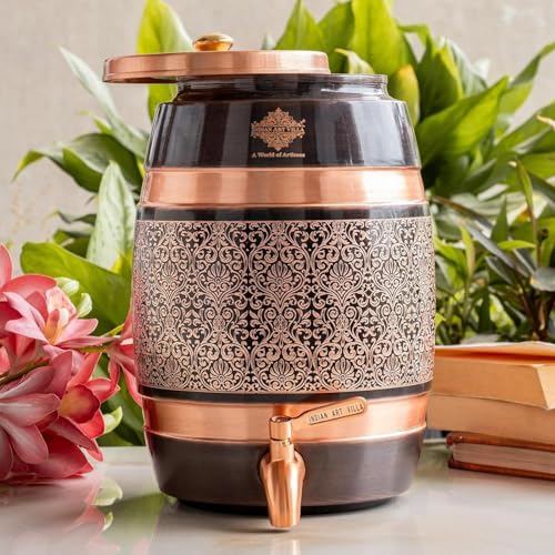 Image of Indian Art Villa Copper Water Carafes with Embossed & Black Printed Design - 5 Liter Water Carafes with Stand, Tap & Glass (275 ML), Ayurvedic Drinkware for Home, Office, Gifting & Daily Hydration