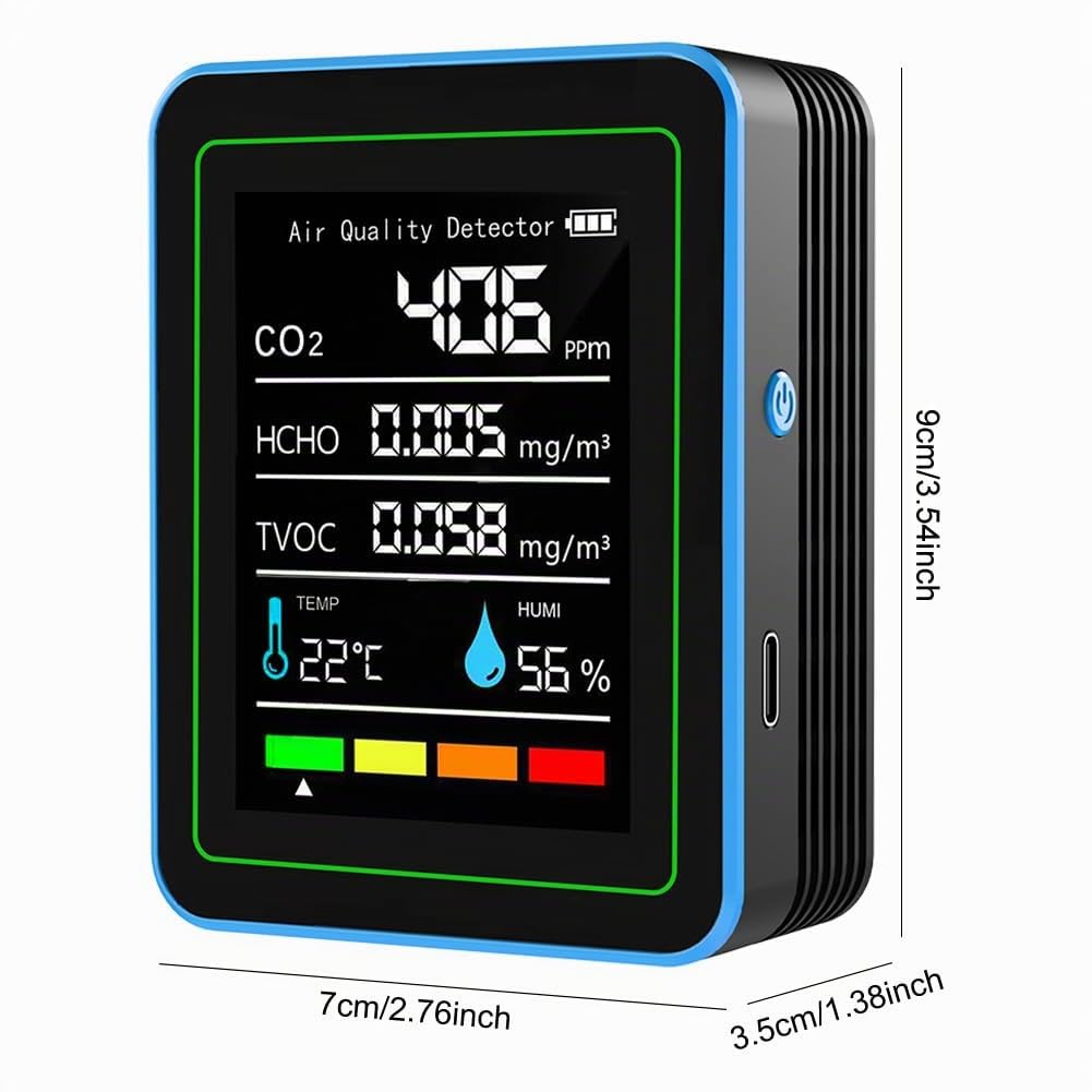 Détecteur de CO2 Moniteur de Monoxyde de Carbone, Moniteur Qualité de l'Air 5-en-1, Détecteur d'air, Charge USB, Mesure Température et Humidité, Portable, Moniteurs de Formol pour Maison