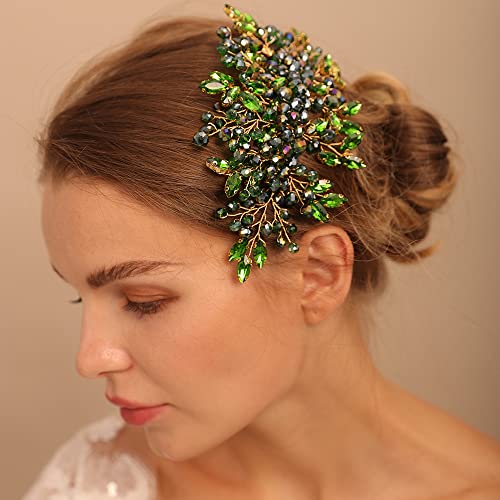 BERYUAN Green Crystal Rhinestone Hair Comb, Handmade Fashion Jewelry Hair Accessory for Women and Girls, Teardrop Rhinestone Headband with Green Beads, Size 15*10CM, Ideal for Wedding and Parties