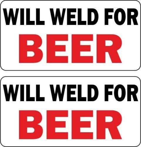 StickerDad® (2 PACK) Will Weld For Beer - size: 2" X 1" color: BLACK/WHITE/RED - Full Color Printed Sticker for Hard Hat, Helmet, Windows, Walls, Bumpers, Laptop, Lockers, etc.