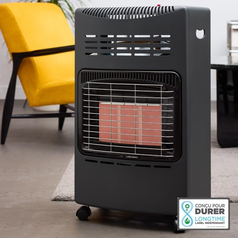 FAVEX - Chauffage d'appoint gaz 4200 - Prêt à l'emploi livré avec Tuyau et détendeur-Intérieur-Brûleur céramique Infrarouge-3 Puissances de Chauffe-jusqu'à 40 m², Acier, Noir