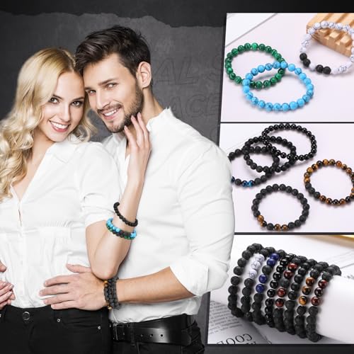 24 Pcs 8 mm Natural Stone Beads Bracelet Set Tiger Eye Men Stretch Lava Adjustable Onyx Matte Beads Essential Oil Diffuser Bracelet for Men Women Jewelry Gifts3