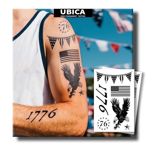 Tattoo Tech, 2 Sheets Large Semi Permanent Tattoo, Develops Fully in 48H, Lasts 7-15 Days Temporary Tattoos(Eagle, American Flag, 1776), Waterproof and Non-Reflective