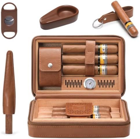 GLENCREAG Estuche Puros Viaje, Piel Cedro, Cutter y Encendedor