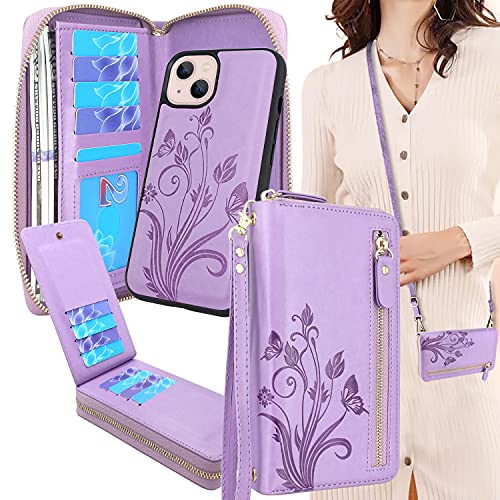 Lacass Compatible with iPhone 13 6.1 inch 2021 Crossbody Chain Dual Zipper Detachable Magnetic Leather Wallet Case Cover Wristlets Wrist Strap 13 Card Slots Money Pocket(Floral Purple)