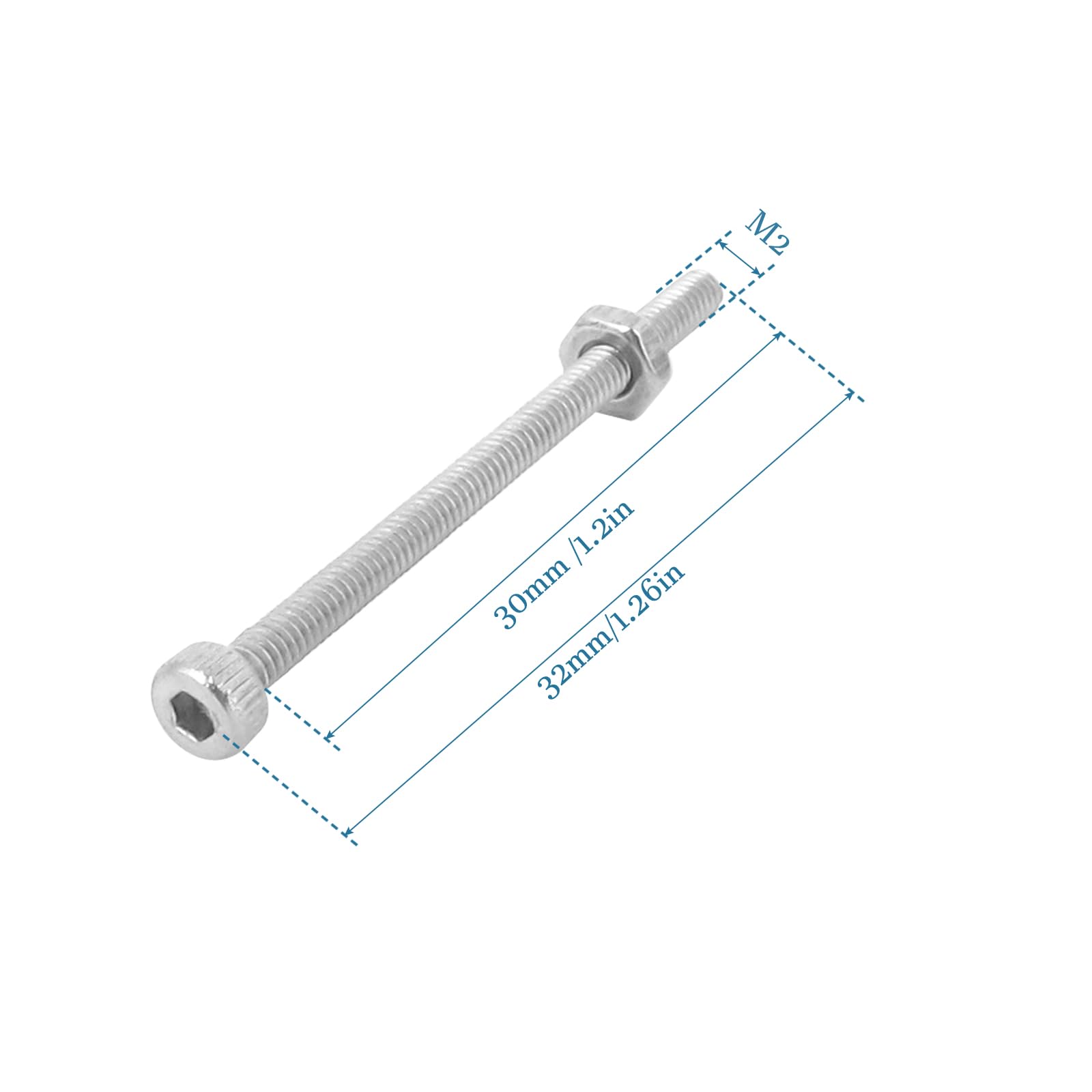 QUARKZMAN M2x30mm Śruby z łbem radełkowanym z łbem sześciokątnym z łbem sześciokątnym zestaw nakrętek x 20 szt. ze stali nierdzewnej do sprzętu gospodarstwa domowego, [srebrny odcień]