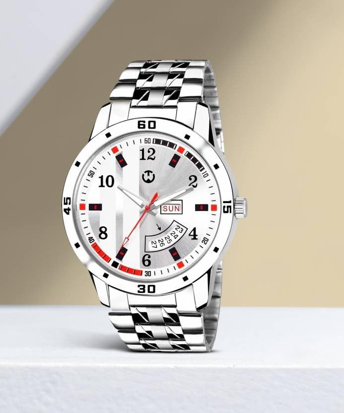 Image of Men's Analog wristwatch, Silver Stainless Steel Strap Blue Day & Date Dial, Water Resistant, Formal & Casual Wear, Gift Watch for Men