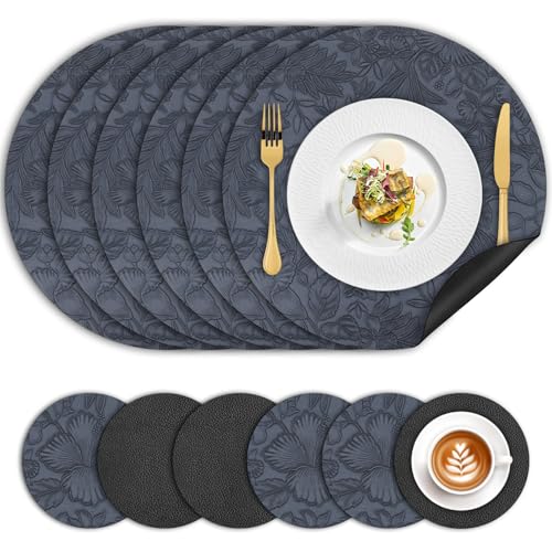 Juego de 6 Manteles Individuales Redondos con Posavasos, Salvamanteles Individuales de Cuero Lavable Impermeable Antimanchas, Manteles Floral para Mesa, Hotel, Cafetería, Cocina, Partido (Azul)