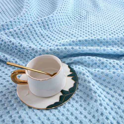 Naturefield Waffle Weave Throw Blanket, 70" X 50" 100% Cotton Lightweight And Breathable Bed Throw, Soft And Comfortable Throw Blanket For Bed Couch Sofa All Season, Vintage Washed, Blue #TOP3