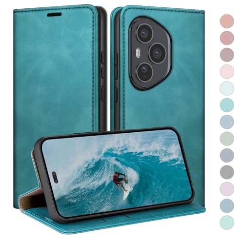 Étui Honor 400 Pro 5G HUOUH clapet en cuir premium et finitions artisanales couleur vert d'eau
