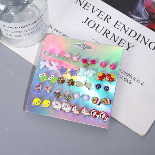 Image of NEWITIN 100 Pairs Colorful Cute Earrings for Girls Sensitive Ears Hypoallergenic Girl Stud Earrings Set Stainless Steel Cartoon Stud for Girls and Women