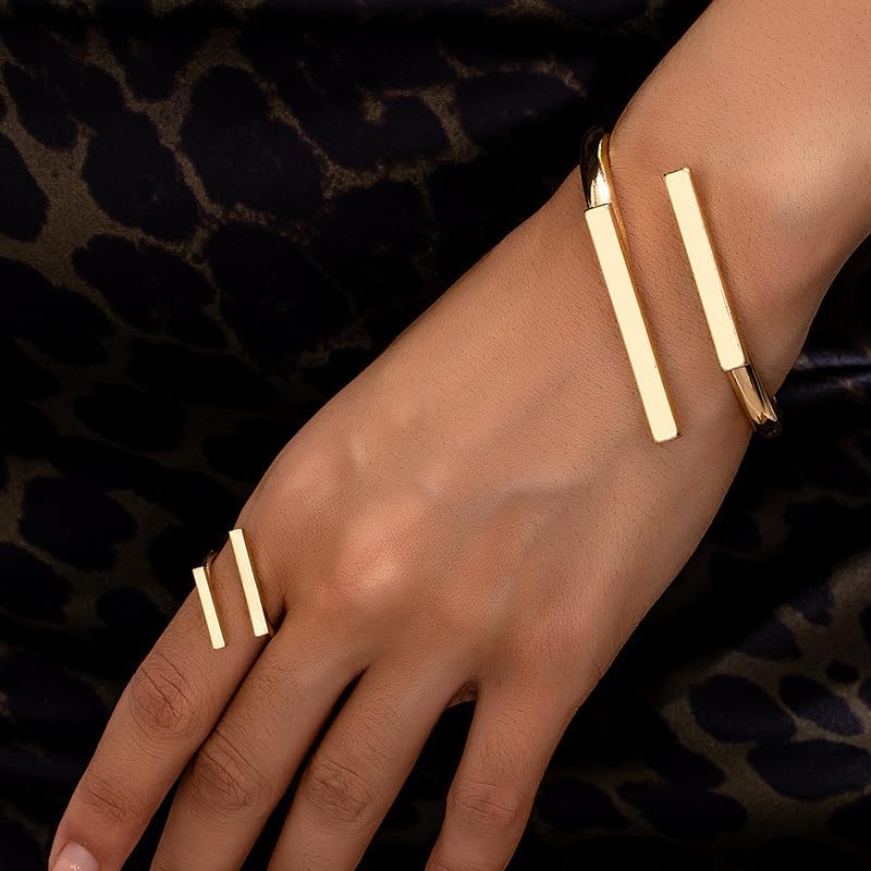 Chunky Gold Bracelet and Ring Jewelry Set,Thick Bracelets Stack Statement Rings Set Non Tarnish Chunky Bangles Jewelry Gits for Women - Image 3