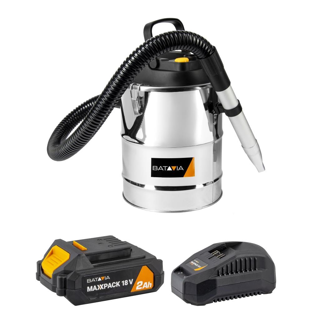 Batavia aschestaubsauger 18V Maxxpack, aschesauger kamin für Grill & Ofen - 12 Liter Edelstahl-Tank - 1m hitzebeständiger Saugschlauch, HEPA-Filter - ohne feste Stromversorgung mit 9 kPa Saugkraft