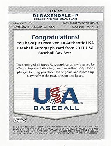 DJ Baxendale Autographed Baseball Card Collegiate National Team - 2011 Topps USA Baseball Card #USA-A2 (Collegiate National Baseball Team - Minnesota Twins) Free Shipping