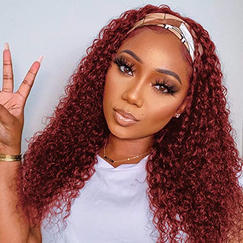 Image of 99J Burgundy Headband Wig Human Hair Deep Wave 20 Inch Red Colored Wigs | Glueless None Lace Front Curly Half Wigs for Black Women,Brazilian Virgin Hair Wear and Go Wig,Machine Made,150% Density