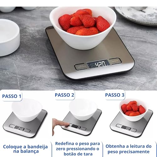 Balança de Cozinha Inox Digital de Precisão para Alimentos - Visor de Alta Definição Pesagem até 10k