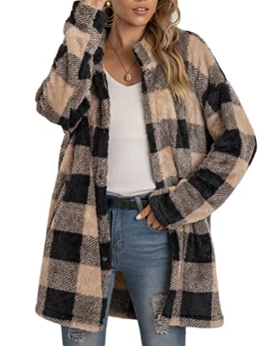 ORANDESIGNE Giacca Scozzese Donna Giacche Pile Pelliccia Sintetica Elegante Cappotto Invernale Bottoni Cardigan Capispalla Peloso Casuale Sherpa Jacket Cachi M