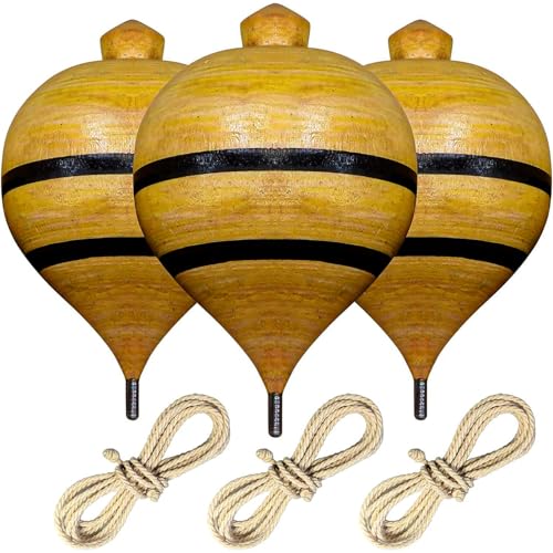 Traditional Wooden Spinning Tops – Handcrafted Set of 3 Trompos with Metal Tip, Artisan Painted Finish & Strings – Includes Premium Storage Bag (Natural Classic)