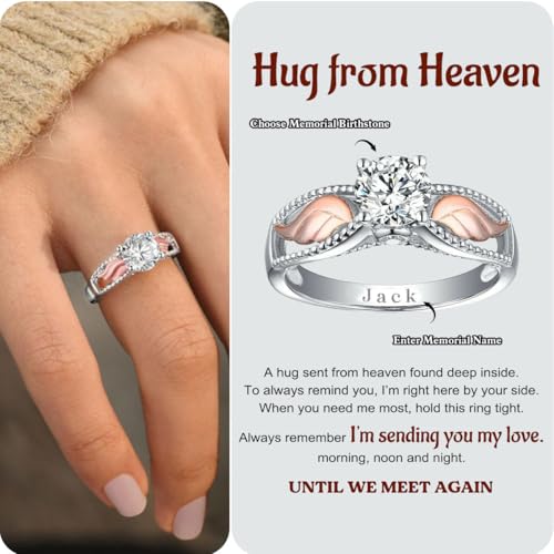 Personalized Hug From Heaven Memorial Angel Wings Ring, Custom Engraved Name Birthstone Ring Memorial Jewelry, Memorial Gifts, Birthstone Rings For Couple Women Men, Jewelry Anniversary Birthday Gifts4