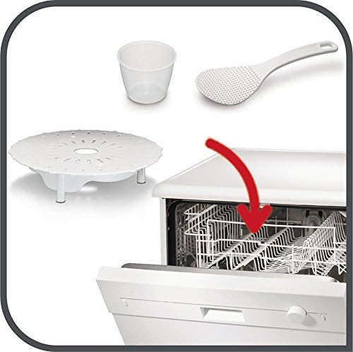 T-fal pressure cooker accessories: measuring cup, rice paddle, steamer rack