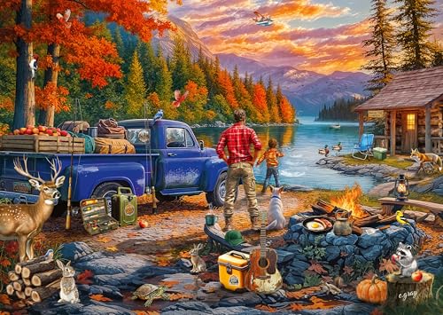 Ravensburger Sunset Lake 300 Piece Large Format Jigsaw Puzzle – Autumn Camping Scene with Father and Son – Relaxing Nature-Themed Puzzle for Adults & Families