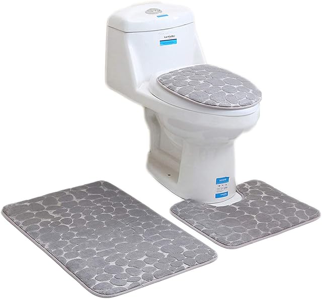 Aisaving 3pcs Non Slip Bath Mat Set Super Soft Pedestal and Bath Rug Memory Foam Pebble Shower Mat Quick Drying Bathroom Mat Carpet,U-Shaped Contour Mat and Toilet Seat Cover (Grey)