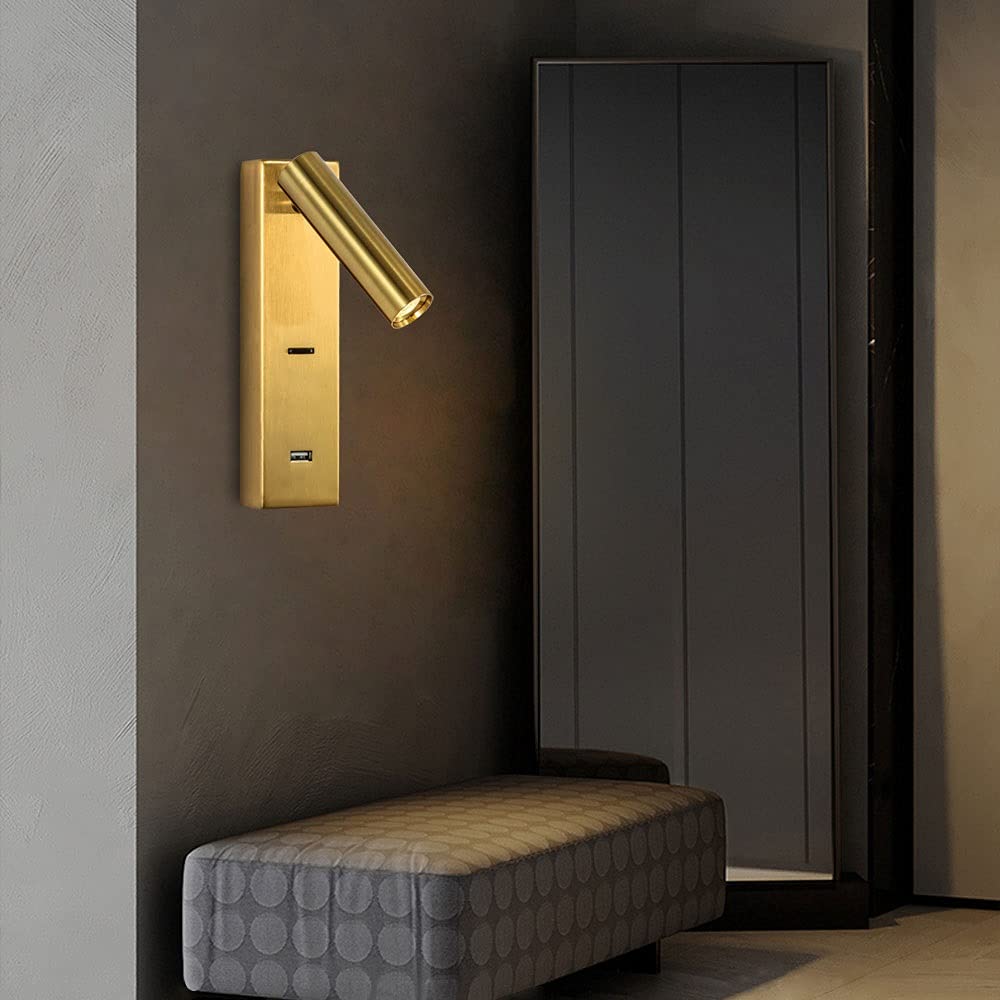 LED Bedside Wall Lamp Adjustable Wall Sconce with Switch, Reading Wall Sconces with USB Charging Port, Modern Wall Spotlights Headboard Lamps for Bedroom Living Room Office ( Color : Gold-4000k )