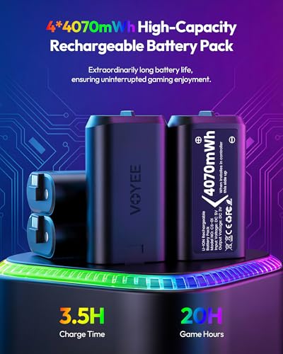 Image of VOYEE Xbox Controller Battery Pack with 7-Color LED Lights, 4x4070mWh Rechargeable Battery, 4-Slot Fast Charger for Xbox One /S /X /Elite /Series X|S, Over Current /Voltage /Short Circut-Black