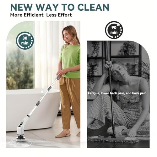 Image of Electric Spin Scrubber, Cordless Waterproof Bathroom Scrubber with 9 Replaceable Heads, 2 Speeds and Upgraded Extension Handle, Shower Cleaning Brush for Bathtub, Tile, Floor & Kitchen