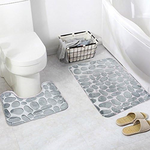 Aisaving 3pcs Non Slip Bath Mat Set Super Soft Pedestal and Bath Rug Memory Foam Pebble Shower Mat Quick Drying Bathroom Mat Carpet,U-Shaped Contour Mat and Toilet Seat Cover (Grey)