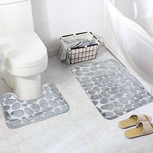 rutschfeste 3 Badteppich Set Super Soft Badteppich und WC Vorleger Memory Foam Pebble Dusche Matte Schnell trocknend Badezimmer Matte Teppich, U-förmigen Contour Matte und WC-Sitz Bezug,Grau – Bild 6