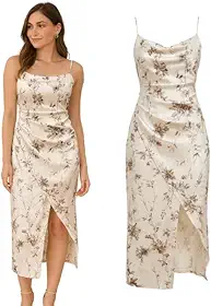 Vestido Feminino Midi Cetim Floral Branco Alça Fina Ajustável com Drapeado Lateral Elegante para Festa, Casamento, Formatura, Social e Eventos Modelo Soltinho