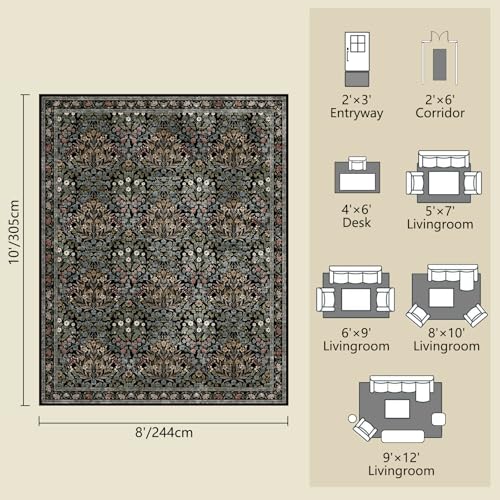 Image of Traditional Design Vintage Floral Area Rug 8 x 10,Washable Area Rugs - Perfect for Living Room, Bedroom, Kids Room, Nursery - Stain & Water Resistant Non-Slip, Dining Room Decor